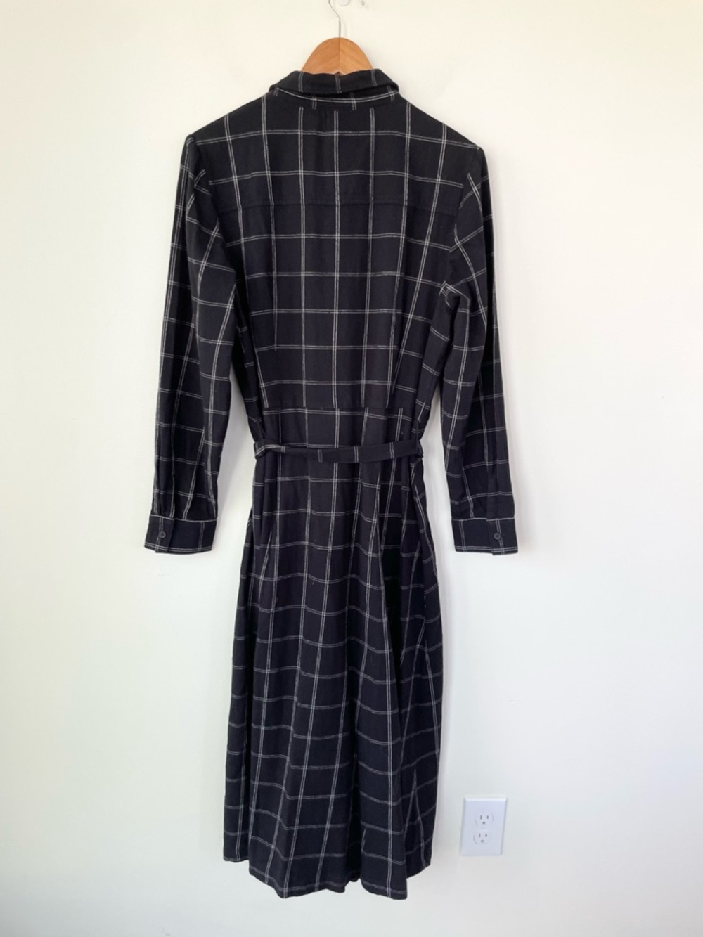 NWT Garnet Hill Organic-Cotton Flannel Midi Dress Black Grid size 12 Belted - Picture 7 of 11